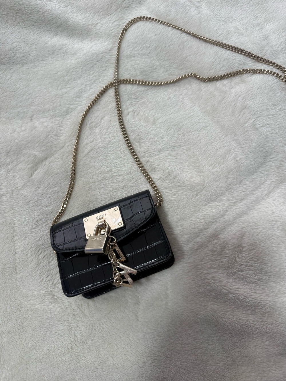 DKNY Black Croc-Embossed Mini Chain Shoulder Bag with Lock Charm